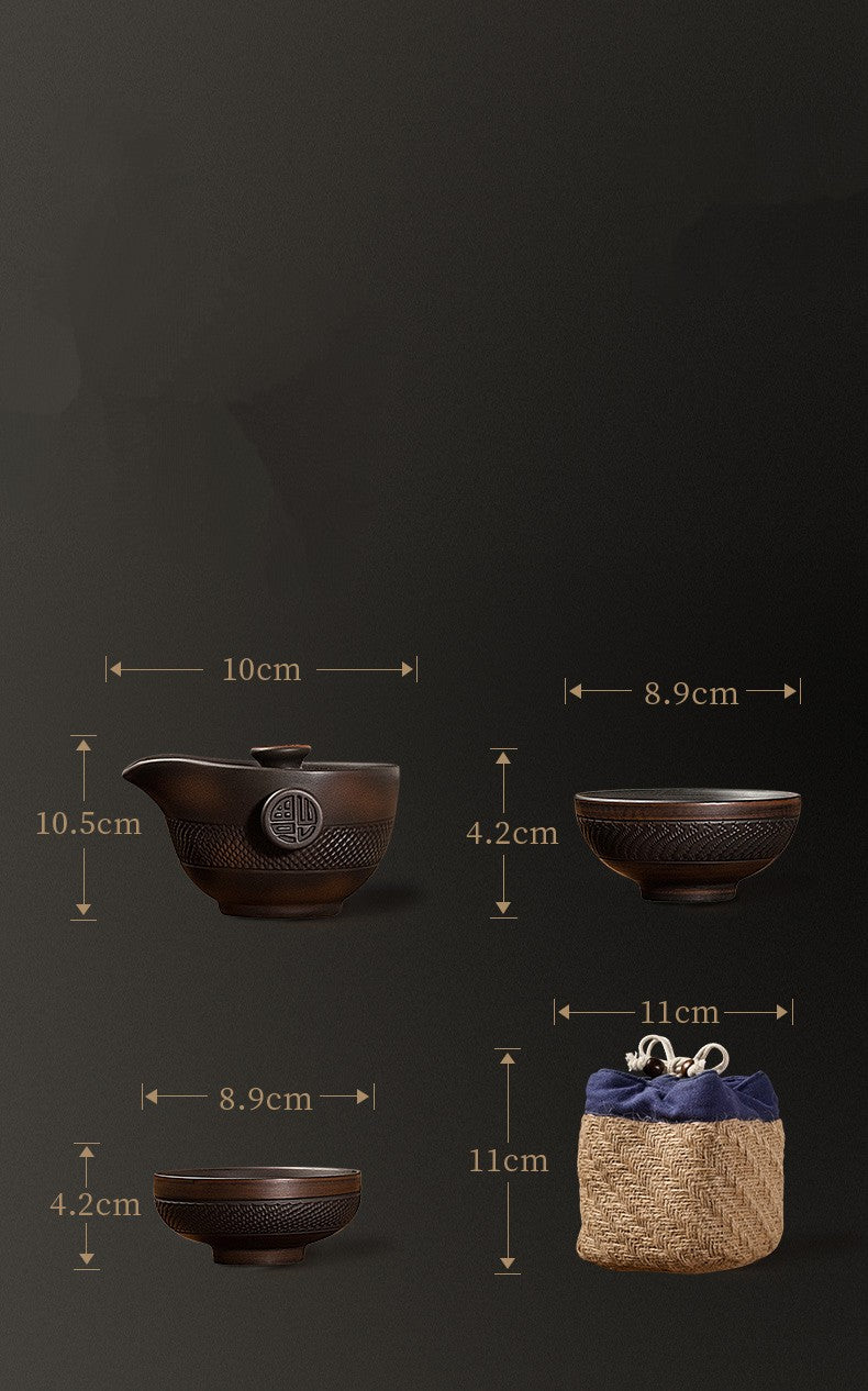 中式黑陶条纹茶具