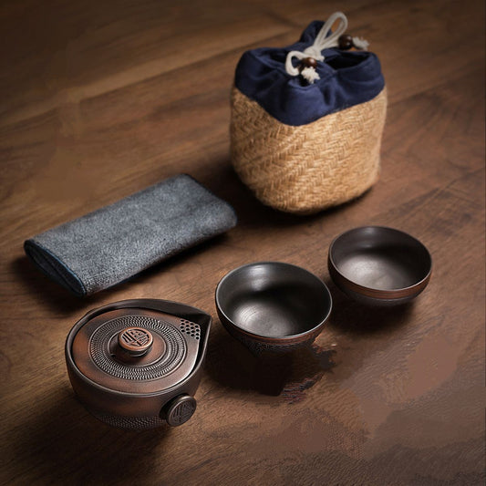 中式黑陶条纹茶具